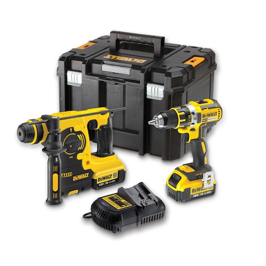 DEWALT tool kit with a drill, hammer drill, charger, and sturdy black toolbox.