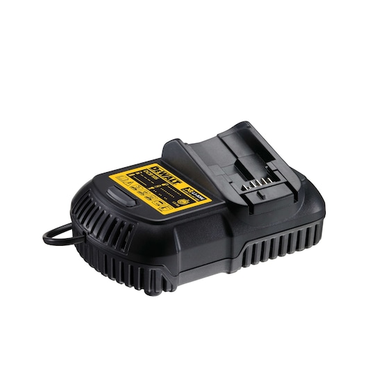 DEWALT battery charger, black with yellow label, designed for rechargeable tool batteries.