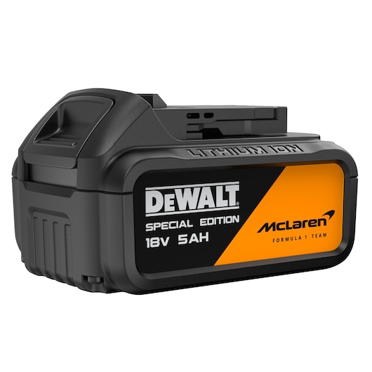 DEWALT McLaren 18V 5Ah lithium-ion battery, Special Edition. SKUs: DCK3222MP2T-QW, DCK3222MP2T.
