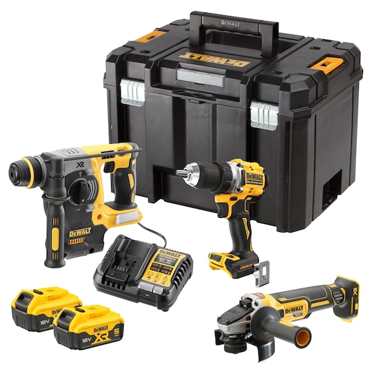 DEWALT tool set including a black and yellow hammer drill, cordless drill, angle grinder, two 18V XR batteries, battery charger, and a large black storage case with yellow accents.