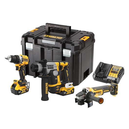 DEWALT power tool set including a black and yellow toolbox, cordless drill, rotary hammer, angle grinder, battery pack, and charger displayed together.