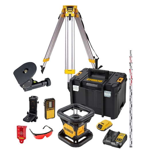 DEWALT photography kit with tripod, laser level, case, charger, detector, ruler, and safety glasses.