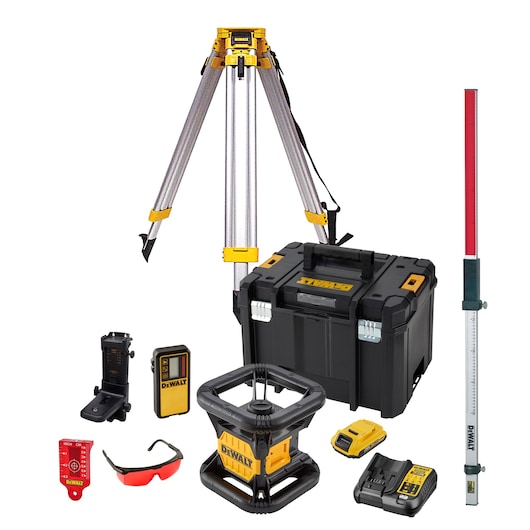 DEWALT photography kit with tripod, case, laser, red staff, charger, glasses, and accessories, all on white.