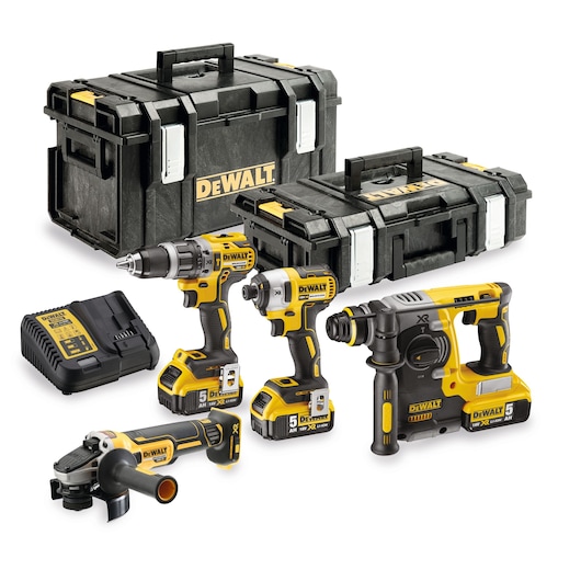 DEWALT tool kit with cordless drill, impact driver, grinder, rotary hammer, charger, and two cases.