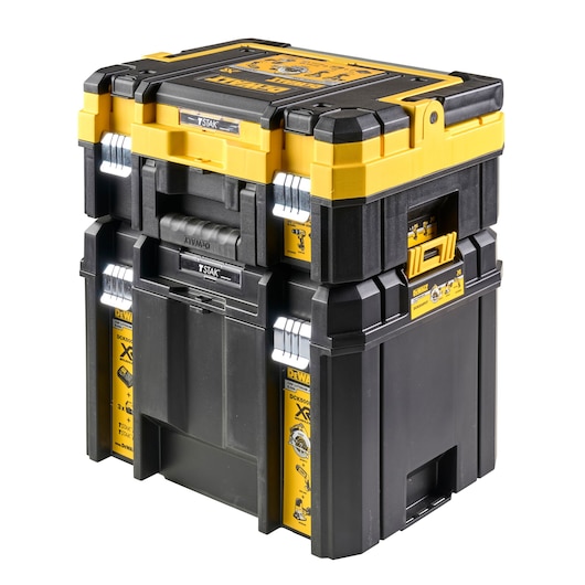 A stack of DEWALT branded black and yellow tool storage boxes with metal latches, shown isolated on a white background.