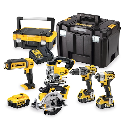 DEWALT tool kit includes cordless drill, saw, flashlight, batteries, charger, and two storage cases.