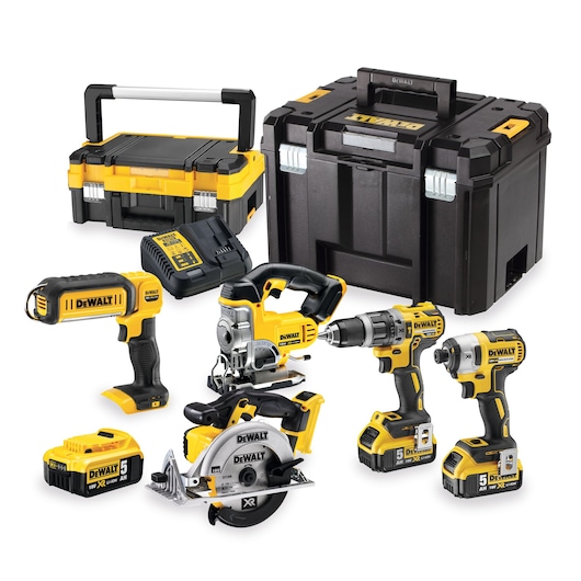 DEWALT tool kit with drills, saw, flashlight, batteries, charger and two cases displayed on white background.