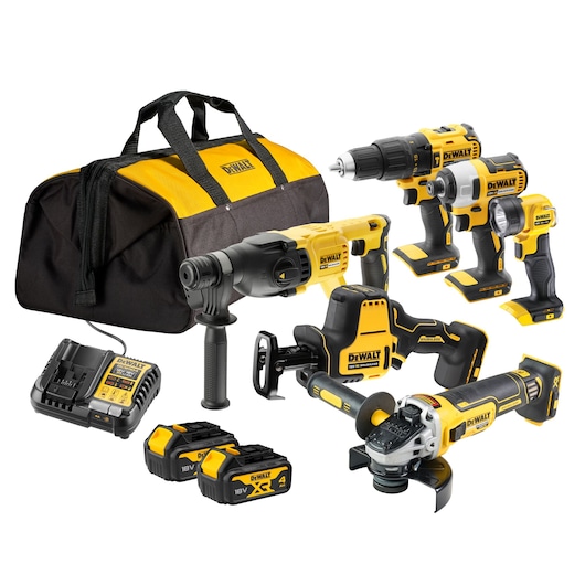 DEWALT cordless power tool kit including a drill, impact driver, rotary hammer, reciprocating saw, angle grinder, flashlight, two 18V batteries, battery charger, and a black and yellow carrying bag.