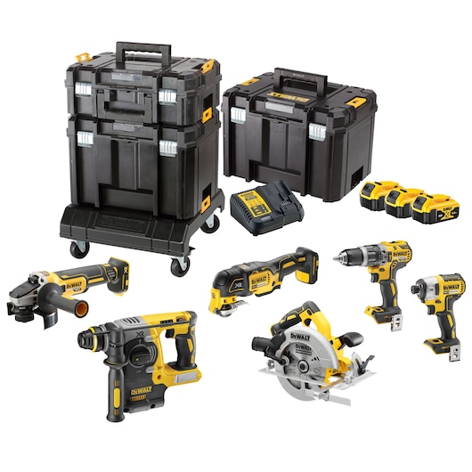 DEWALT DCK685P3T photography category product set, including multiple yellow and black cordless power tools, three batteries, a battery charger, and two large black stackable storage cases with wheels.