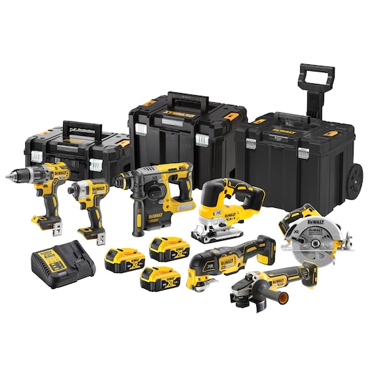 DEWALT tool kit with 7 cordless tools, 3 battery packs, charger, and three storage cases.