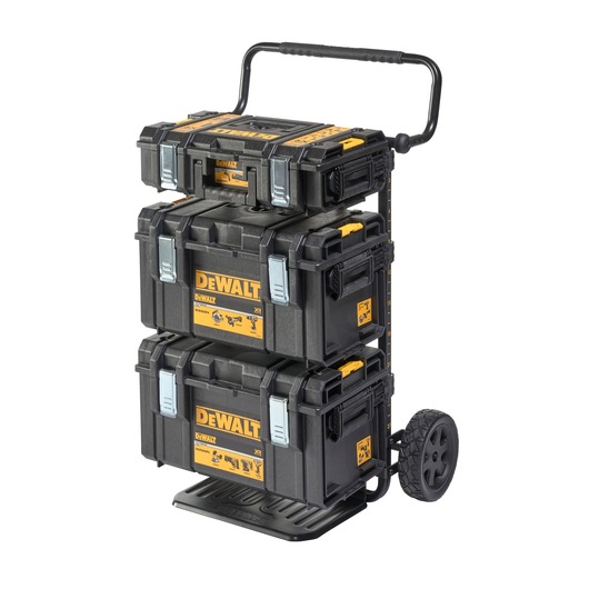 A DEWALT branded portable tool storage trolley with three stacked black and yellow toolboxes, each secured with metal latches, and two sturdy wheels for easy transport.