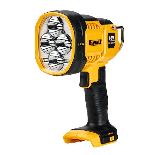 DEWALT DCL043 portable LED spotlight with a black and yellow body, featuring four LED bulbs, pistol grip handle, and an 18V XR Li-Ion battery slot.