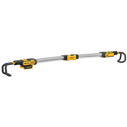 A DEWALT DCL045 photography product, an extendable and portable LED light bar with black and yellow accents, featuring hooks on both ends for easy mounting.