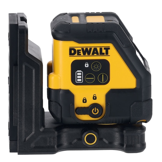 Side view of a DEWALT branded yellow and black laser level device, featuring battery and control icons on its front panel and mounted on a black base.