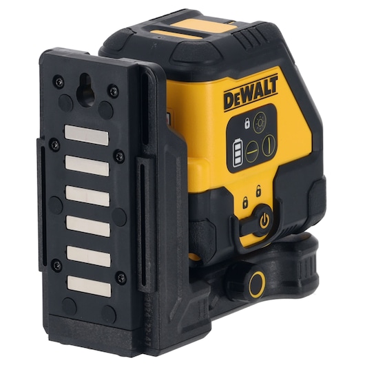 A DEWALT-branded yellow and black laser level device with control buttons and a battery indicator on the front. The device has a mounting bracket featuring several metal strips and screw holes for easy attachment.