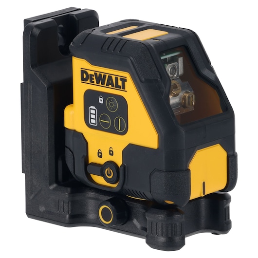 A DEWALT laser level device with a yellow and black casing, mounted on a black adjustable base. The device features a control panel with battery indicator, lock and brightness buttons, and the DEWALT logo prominently displayed.