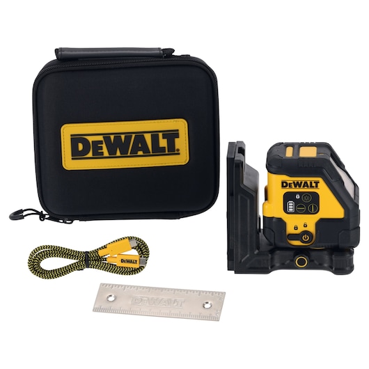 DEWALT branded photography product kit including a black carrying case with yellow DEWALT logo, a yellow and black laser level device, a braided USB cable, and a metal ruler.