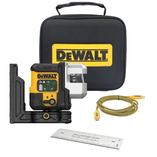 DEWALT laser level kit with a black carrying case, a yellow and black laser level device, a yellow USB cable, and a metal ruler, all displayed together.