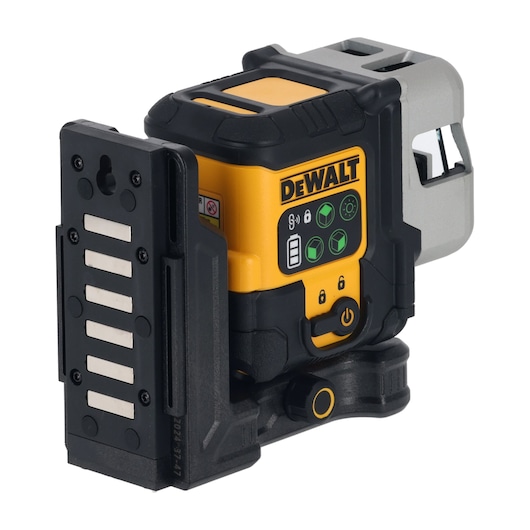 DEWALT DCLE14301G green laser level device featuring a digital control panel, a yellow and black rugged body, and a mounting bracket.