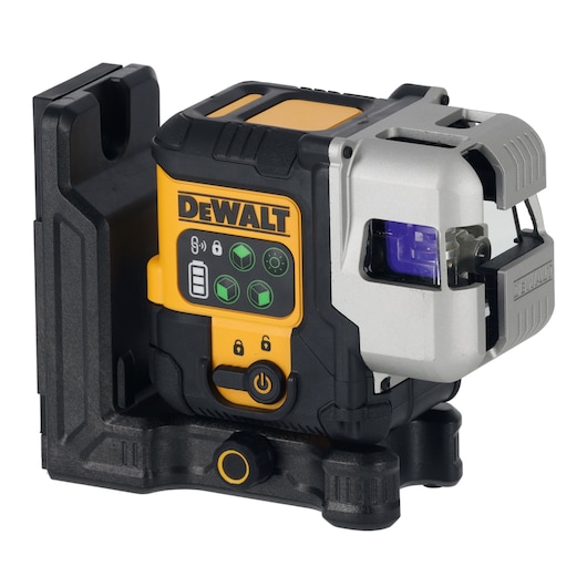 A DEWALT DCLE14301G green laser level tool with a sturdy base and control panel. The device features a yellow and black design, a DEWALT logo, and several function buttons.