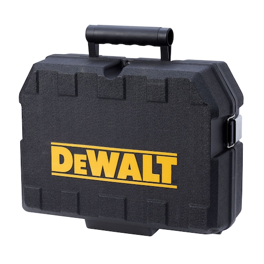A black, hard plastic carrying case with a handle, featuring the DEWALT logo in yellow on the front.