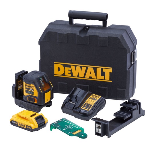 DEWALT laser level kit including a black carrying case with yellow DEWALT logo, laser level device, battery, charger, mounting bracket, and green target card, all displayed on a white background.