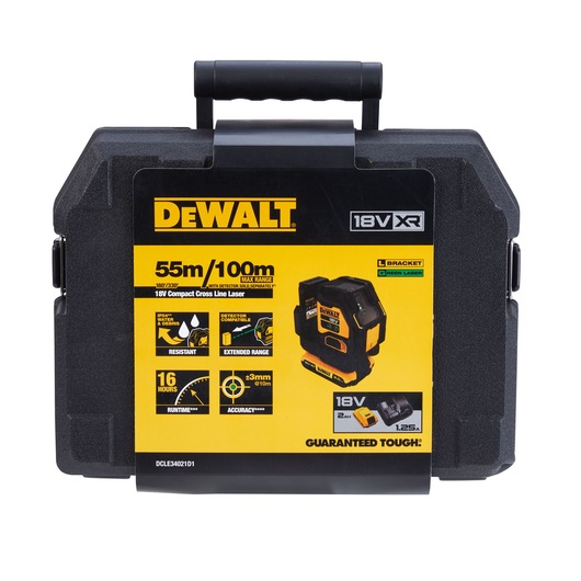 A DEWALT branded hard carrying case for the DCLE34021D1 18V XR Compact Cross Line Laser. The case features a yellow and black product label displaying specifications such as a maximum range of 55m/100m, green laser, included L bracket, and details like resistance, extended range, 16 hours runtime, and ±3mm accuracy at 10m. The front shows an image of the laser tool and a battery.