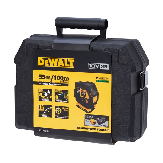 DEWALT 18V XR Compact Cross Line Laser kit in a durable black carrying case with a handle. The label displays product features such as 55m/100m max range, 16 hours runtime, resistance, extended range, accuracy of ±3mm at 10m, and compatibility with 18V batteries. Model: DCLE34021D1.
