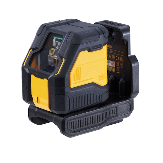 A DEWALT DCLE34021 laser level device with a rugged black and yellow casing, shown mounted on a base. The unit features a transparent front panel for projecting laser lines and detailed technical labels on the side.