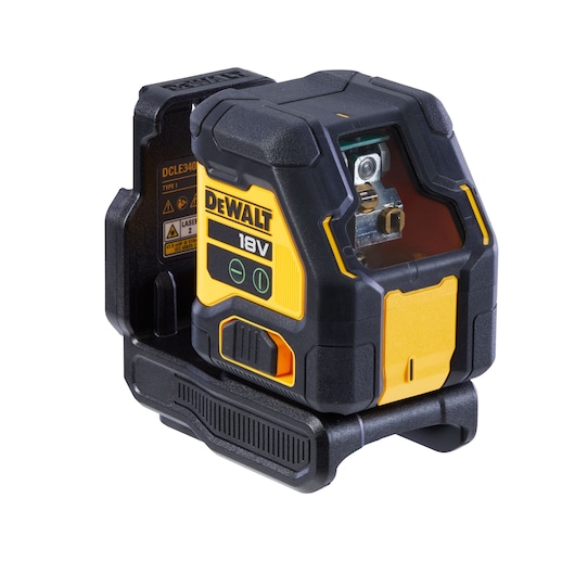A DEWALT 18V laser level device, model DCLE34021, designed for precise alignment and leveling tasks. The device has a rugged black and yellow exterior with easy-to-use control buttons.