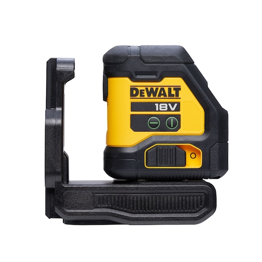 A DEWALT 18V device, likely a laser level, shown from the side. The tool is black and yellow in color with visible controls and mounting bracket.