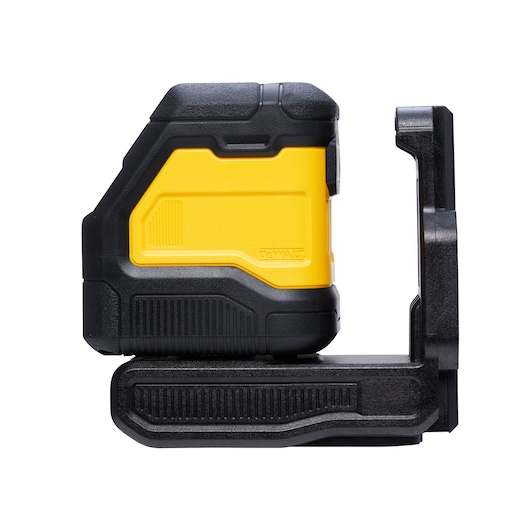 Side view of a DEWALT yellow and black laser level with mounting bracket on a white background.