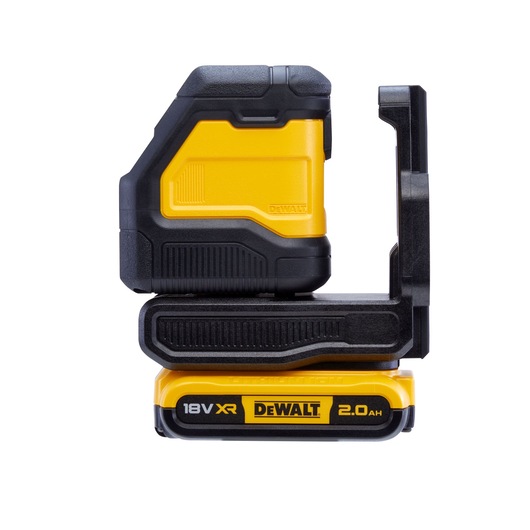 DEWALT 18V XR yellow and black photography tool with 2.0Ah battery, shown in side view on white background.