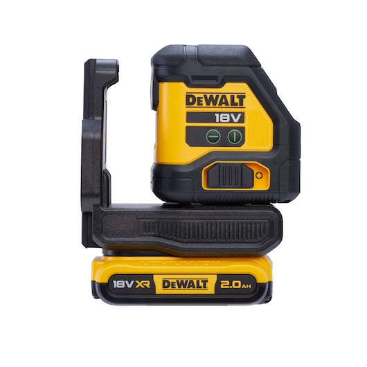 Side view of a DEWALT 18V cordless laser level with a yellow and black design, mounted on an 18V XR 2.0 Ah battery.