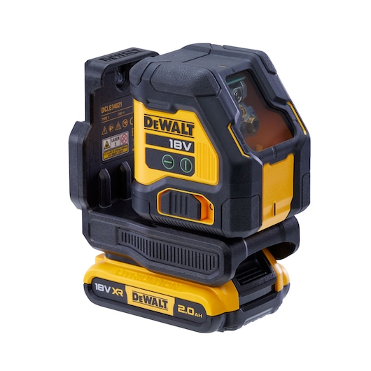 DEWALT 18V XR DCLE34021 laser level tool with robust yellow and black casing and battery pack.