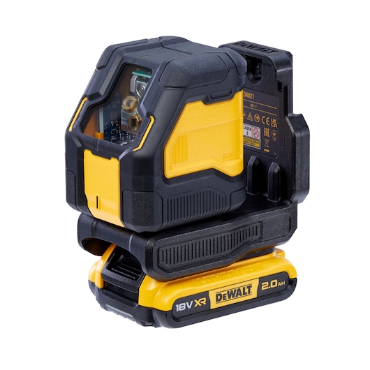 DEWALT 18V XR DCLE34021 yellow and black laser level tool with 2.0Ah battery, used for precise alignment tasks.