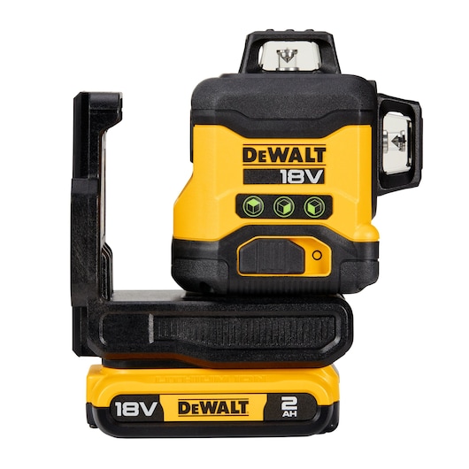 A DEWALT 18V lithium-ion cross line laser tool with a yellow and black casing. The device has multiple control buttons and indicators, and is mounted on a detachable base.