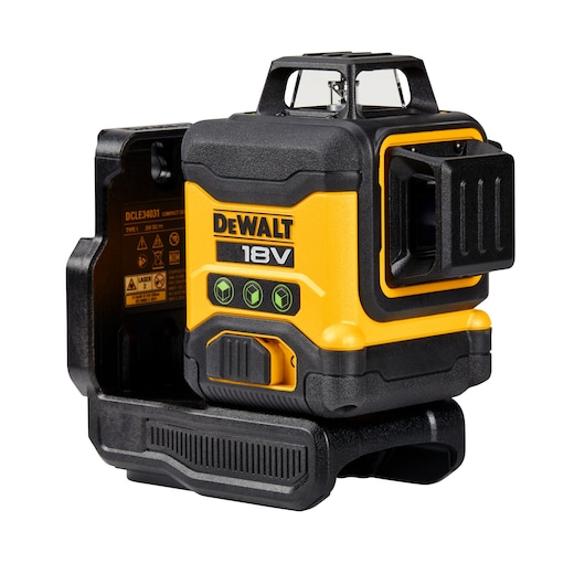 A DEWALT 18V compact laser level device, featuring a yellow and black durable casing, with control buttons on the front and a mounting base. The model number displayed is DCLE34031.