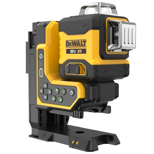 DEWALT 18V XR yellow and black laser level tool with control buttons and base stand shown.