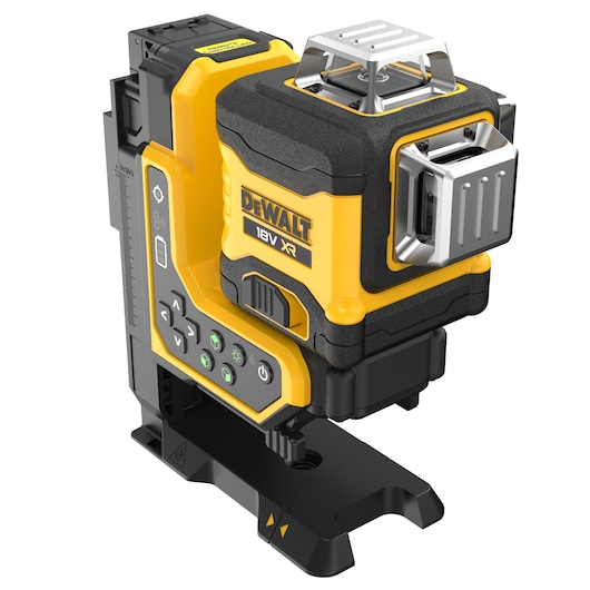 DEWALT 18V XR laser level tool with control buttons and mounting base, designed for precise alignment tasks.
