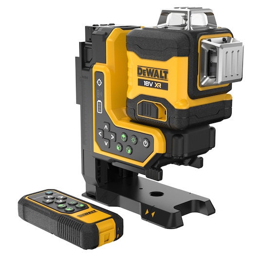 DEWALT 18V XR laser level with control panel and remote device for precise alignment tasks.