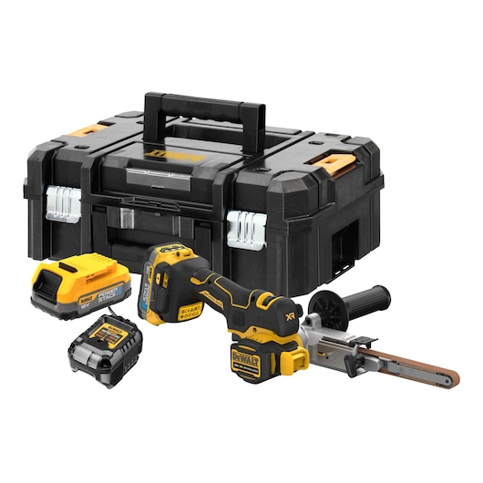 A DEWALT cordless power tool kit including a 18V battery, charger, cordless belt sander, and a black and yellow DEWALT tool case.