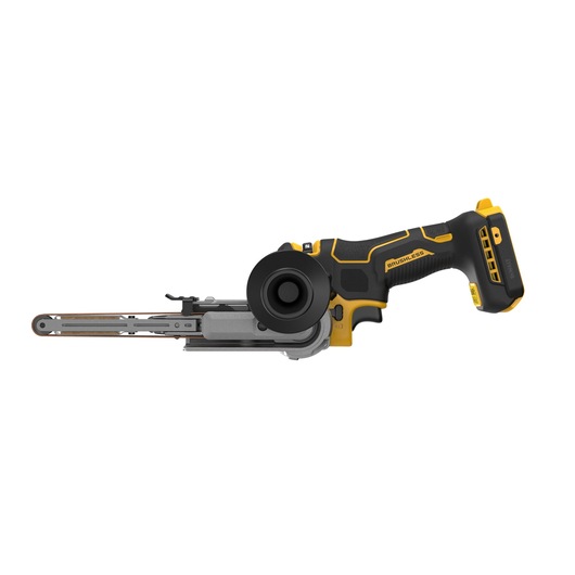 DEWALT cordless belt sander with ergonomic handle and brushless motor, shown on white background.