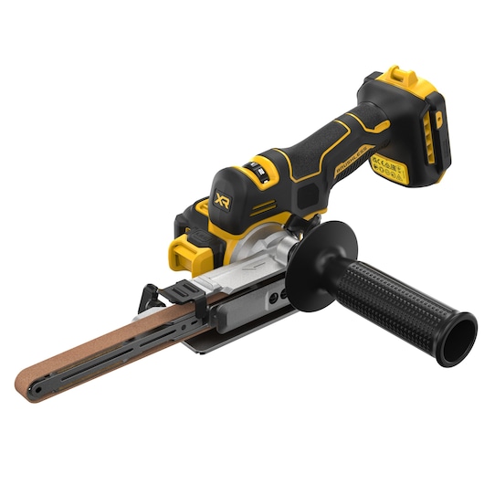 DEWALT cordless belt file with black and yellow design, ergonomic handle, and slim sanding belt attachment.