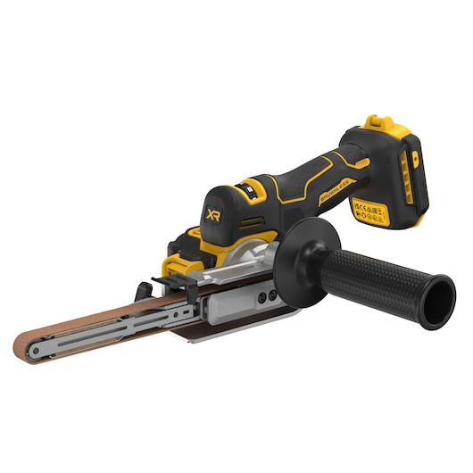 A DEWALT cordless handheld belt file with a black and yellow design, featuring a side handle and a sanding belt attachment.