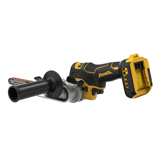 DEWALT cordless brushless belt sander with ergonomic handle and battery slot, shown on white background.