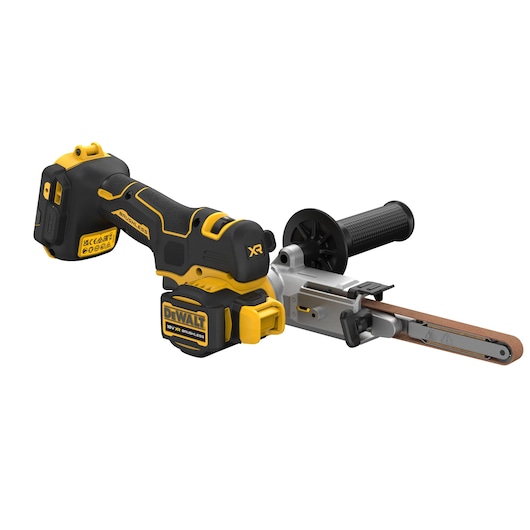DEWALT 18V cordless brushless belt sander with ergonomic handle and side grip, shown on white background.