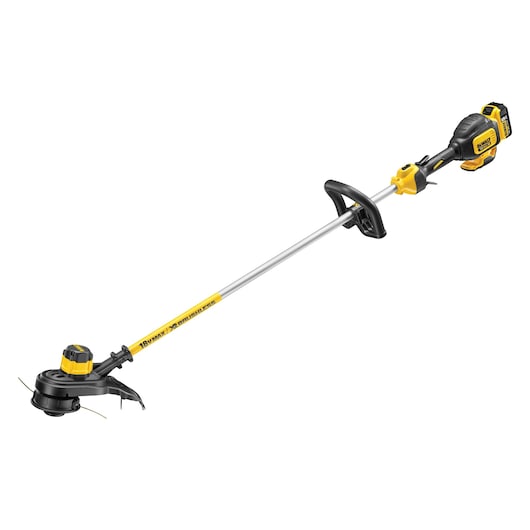 A DEWALT cordless grass trimmer with a yellow and black design, featuring an ergonomic handle and battery pack.