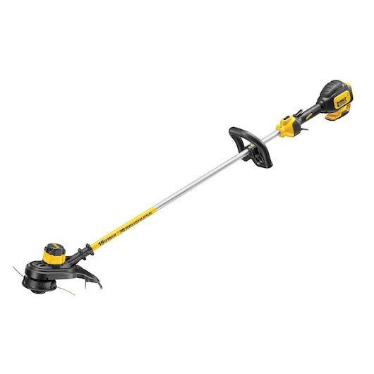 DEWALT cordless grass trimmer with yellow and black handle, long shaft and cutting head.