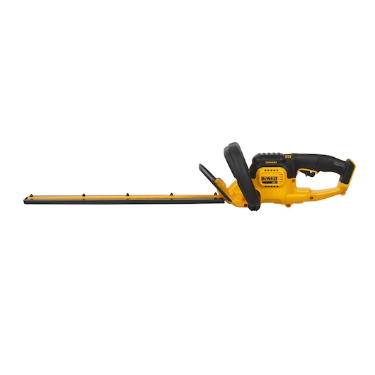 A DEWALT cordless hedge trimmer with a yellow and black design, featuring a long blade and ergonomic handle, shown against a white background.